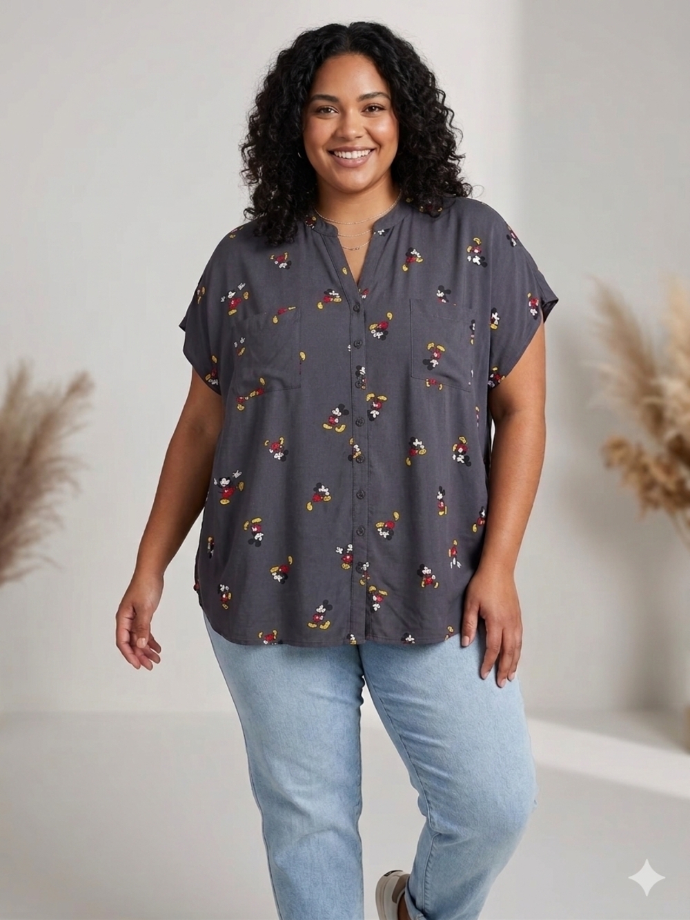 Disney Charcoal Button-Front Short Sleeve Top with Mickey Print